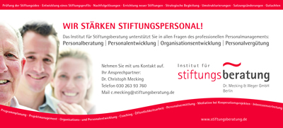 Das Institut für Stiftungsberatung stärkt mit umfassenden Dienstleistungen Personal in Stiftungen und anderen steuerbegünstigten Organisationen.